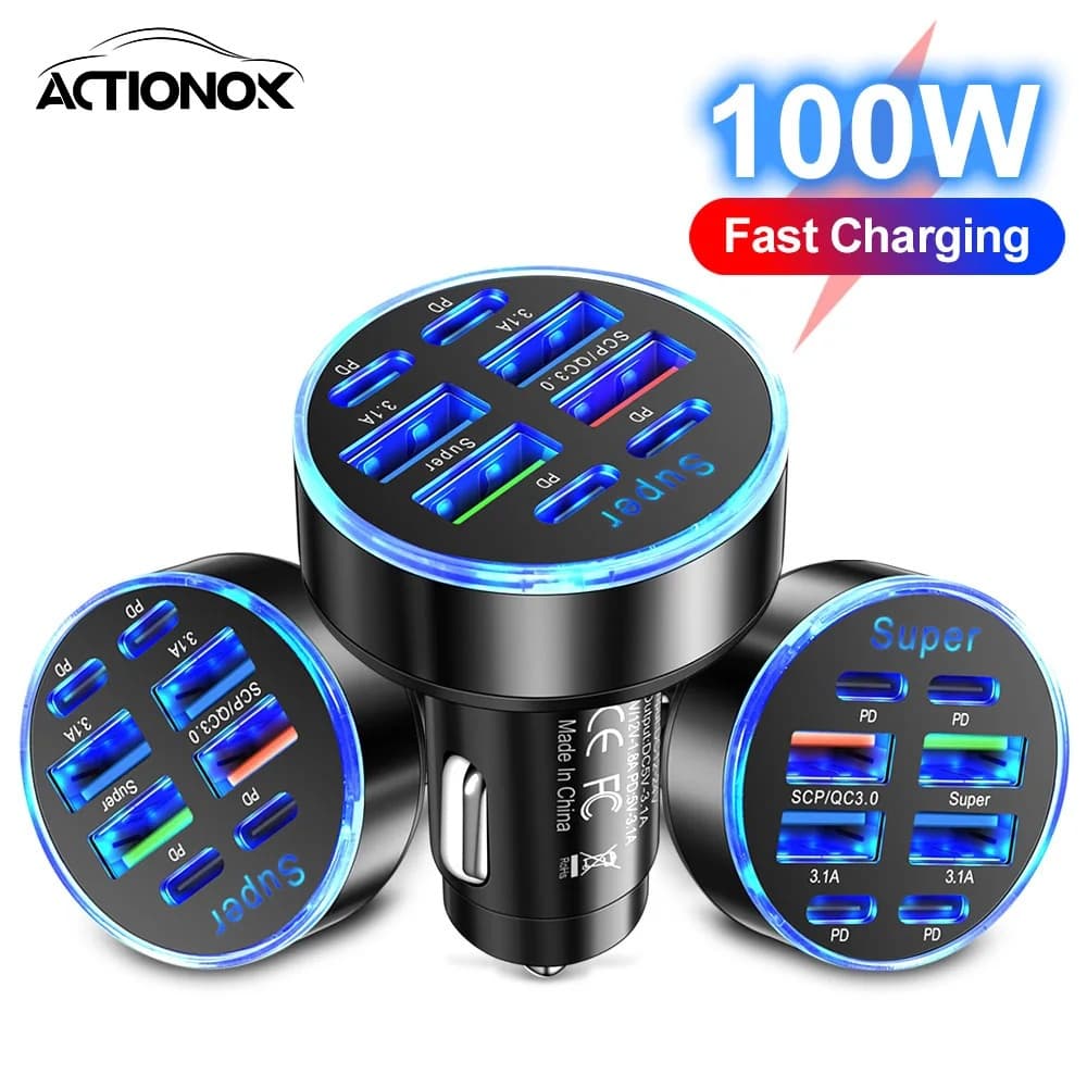 ACTIONOK 100W 8 Portas Carregador De Carro Carregamento Rápido PD QC3.0 USB C Telefone Para Type Adaptador No