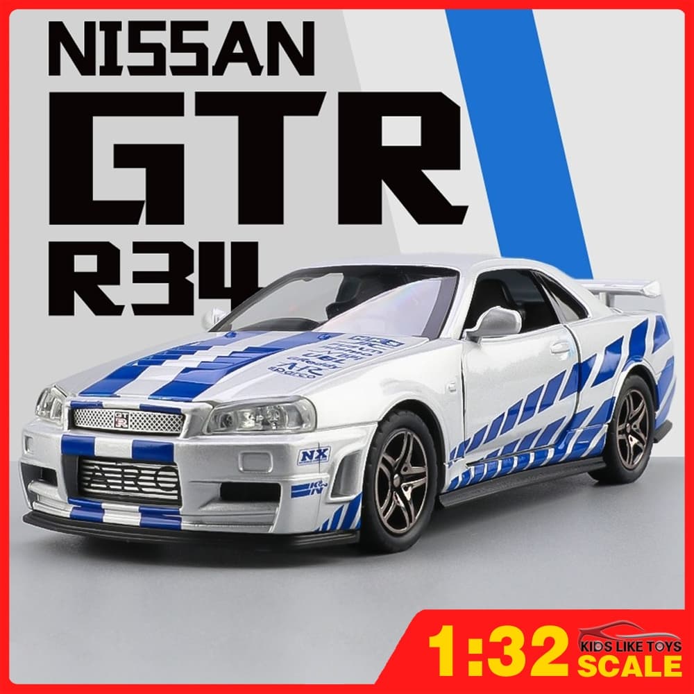 KLT 1 : 32 Nissan GTR R34 Metal Alloy Toys Car Modelo Veículo Diecast Para Meninos Simulação De Som Efeito Luz Hobbies Coleção De