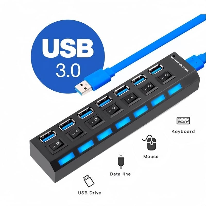Tira De Extensão De Hub Usb 3.0 7 Portas Com Interruptor Seletor Pc Externo Hd Pendrive