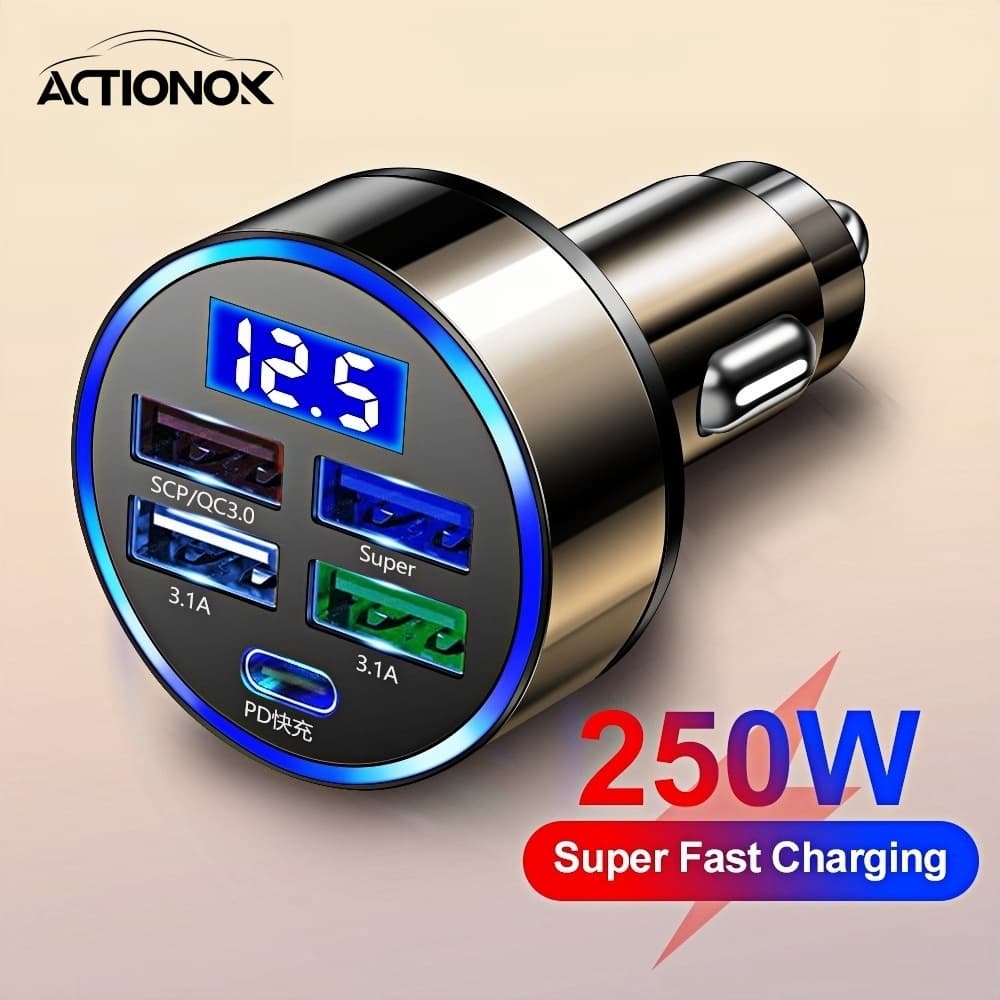 ACTIONOK Carregador De Carro 250W LED Para 5 Portas Carga Rápida PD QC3.0 USB C Telefone Tipo Adaptador No
