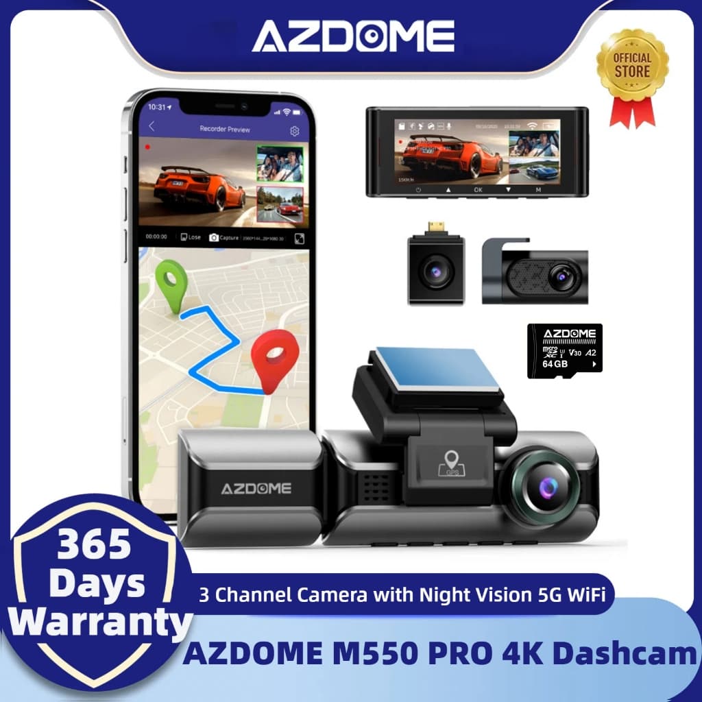 AZDOME M550 PRO 4K Dashcam 3 Canais Dianteiro Cabine Traseira Gravador De Carro 5G WiFi Visão Noturna GPS