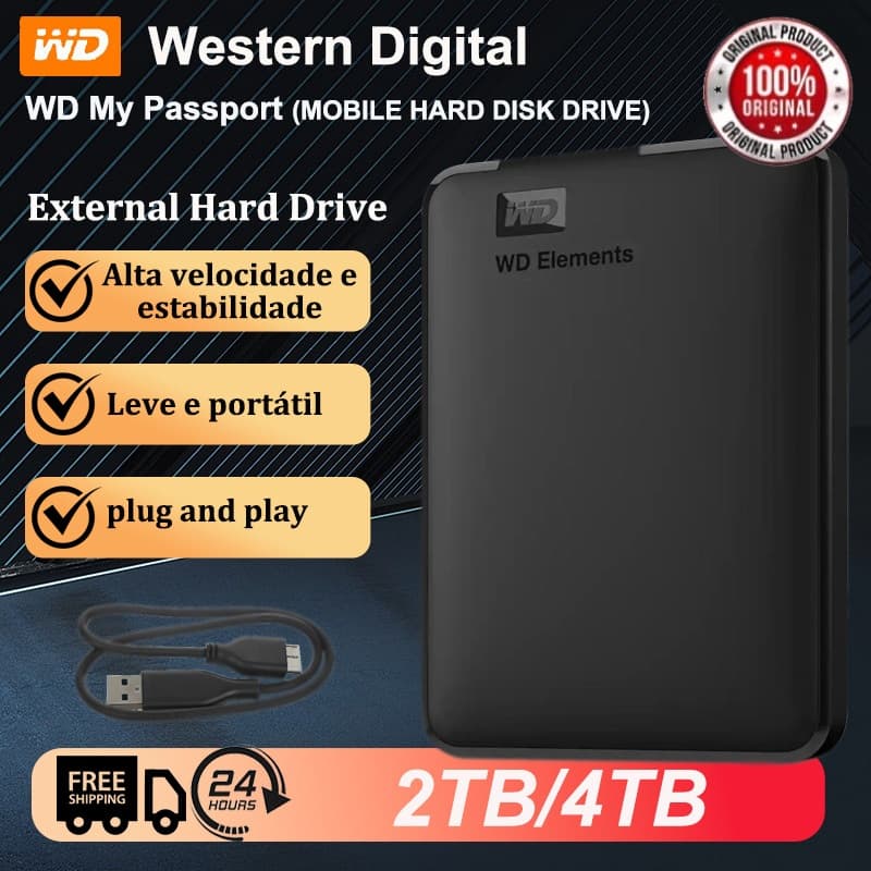Original HD Externo WD Elements Expansão 2TB/4TB USB 3.0 Disco Rígido Portátil Armazenamento De Grande Capacidade