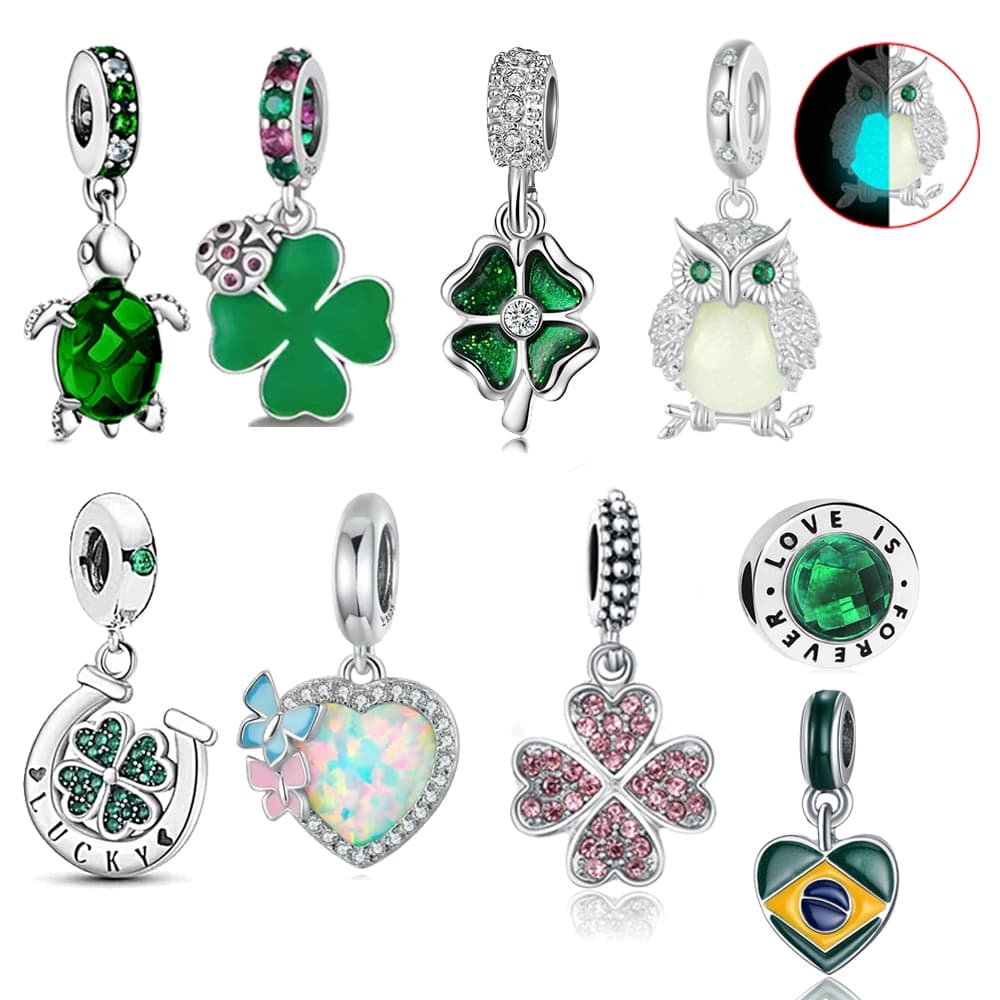 Berloque Separador Trevo Árvore da Vida Charme Prata 925 Pingente Pulseira Cristal Verde Trinkets DIY Acessórios