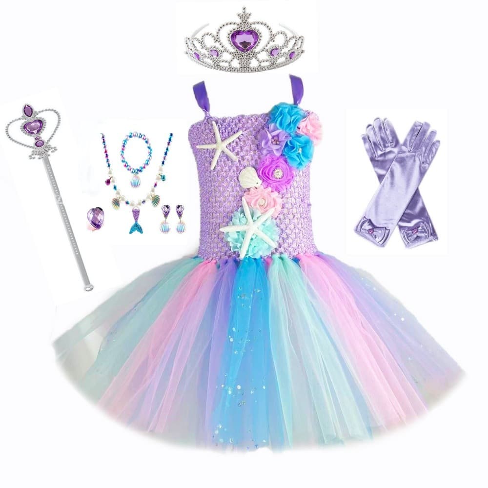 Meninas Sereia Flor Vestido Crianças Princesa Tutu Com Laço De Cabelo Vara Pescoço Conjunto Aniversário Cosplay Festa Tr