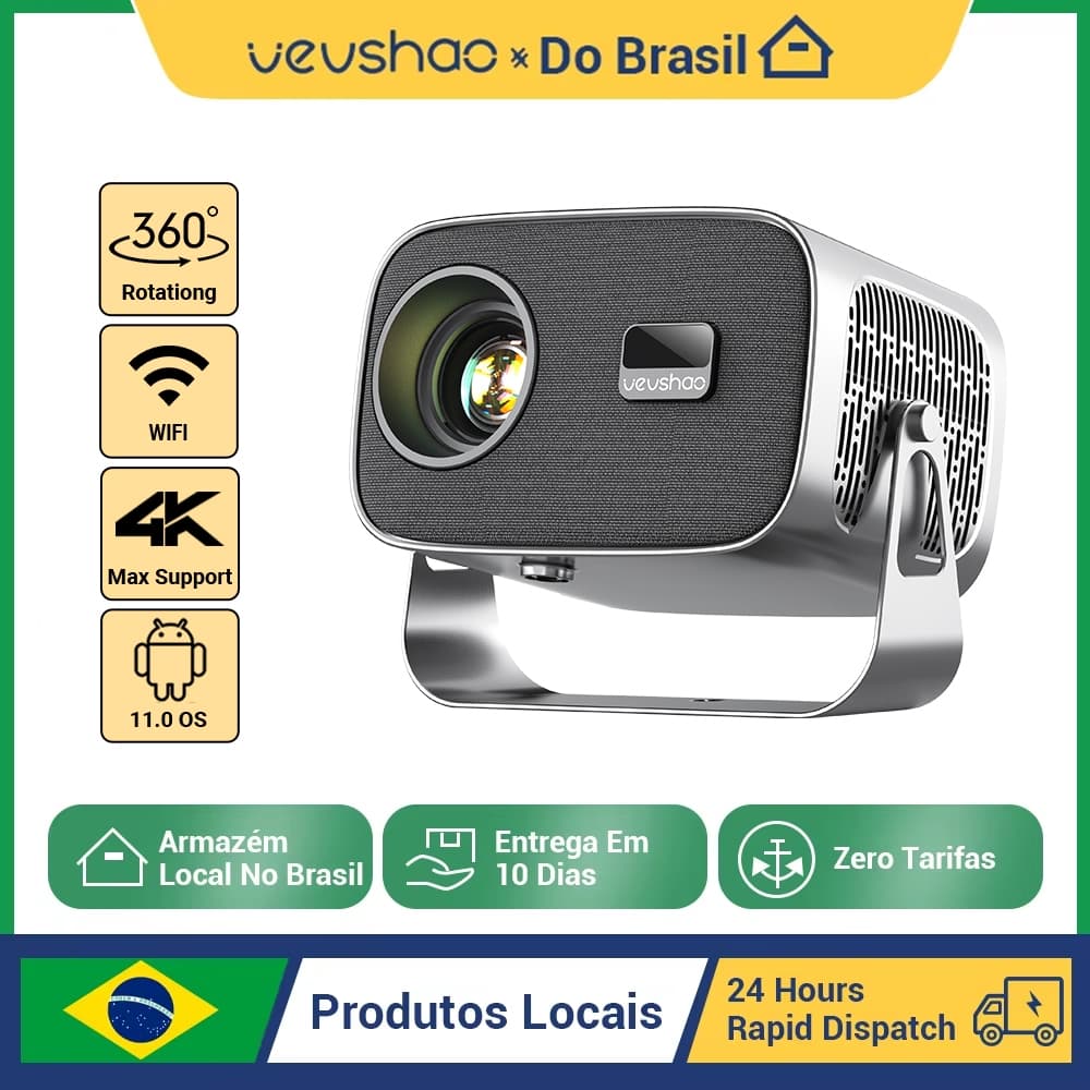 Projetor VEVSHAO A12 Android 11 Com 360 ° Rotação , Suporte 4K , WiFi 6 , Correção Keystone Automática Externa Portátil