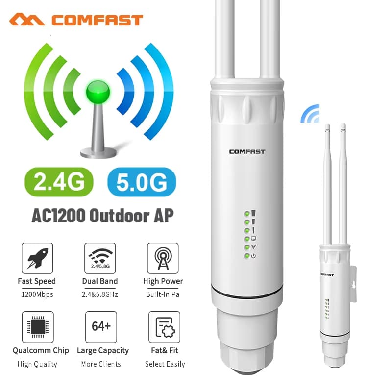 Repetidor WiFi Externo Comfast EW-74 AC1200 - 1200Mbps, Banda Dupla 2.4G/5Ghz, Antena Omnidirecional, Impermeável, Ideal