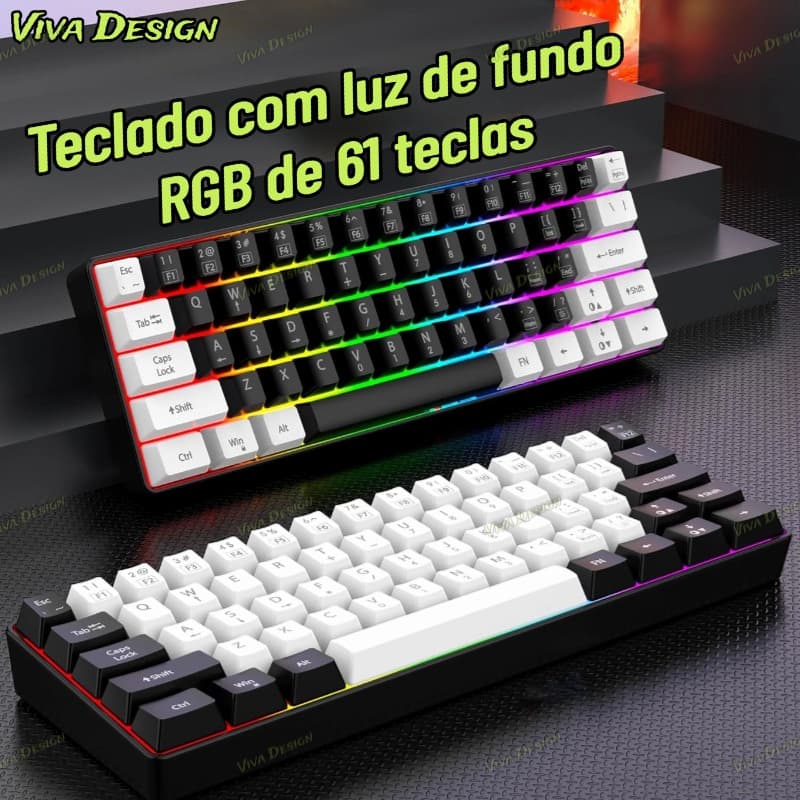 Teclado para jogos com fio 61-Key RGB Backlight Mini Compact USB-C Cabo de alimentação plugável