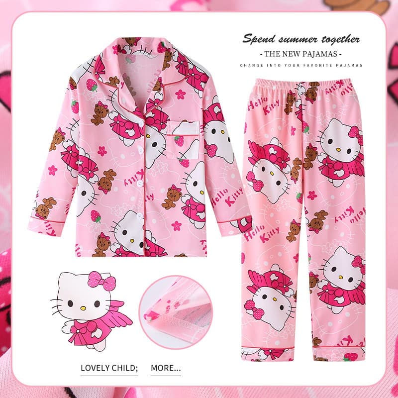 Olá Kitty Dos Desenhos Animados Menina Conjunto De Pijama Primavera Outono Crianças Bonito Impressão Completa Lapela Cal