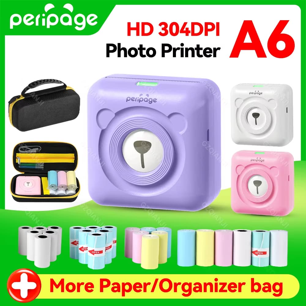 Peripage A6 304DPI Mini Photo Printer Impressora portátil sem fio Bluetooth Bookmark Sticker Printer