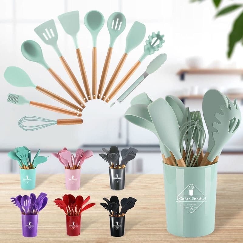 12 Peças Utensílios De Cozinha Colheres Espatula Silicone Cabo Madeira Decoração Livre BPA