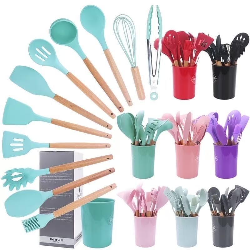 Jogo de Cozinha Kit com 12 Peças de Silicone, Utensílios e Copo Suporte para Cozinha Cabo de Madeira