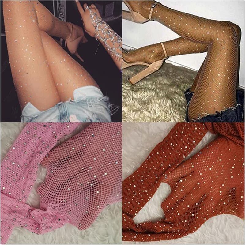 Meias De Malha Arrastão Femininas Verão Cristal Strass Meia-Calça Oca Elásticas Coxa Altas Menina Longas