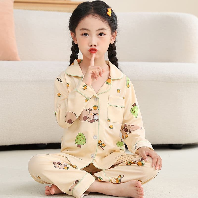 Capivara Criança Pijamas Conjunto 2025 Primavera Crianças Menina Dos Desenhos Animados Lapela Manga Comprida Topos + Cal