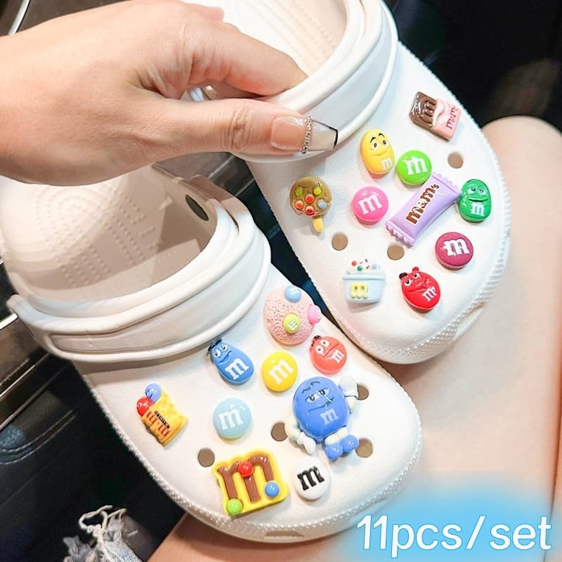 11 Pçs/set Botão Sapatos Charme Chocolate Doces Brilhando Arco-Íris Feijão Sorvete Pirulito Acessórios Pino