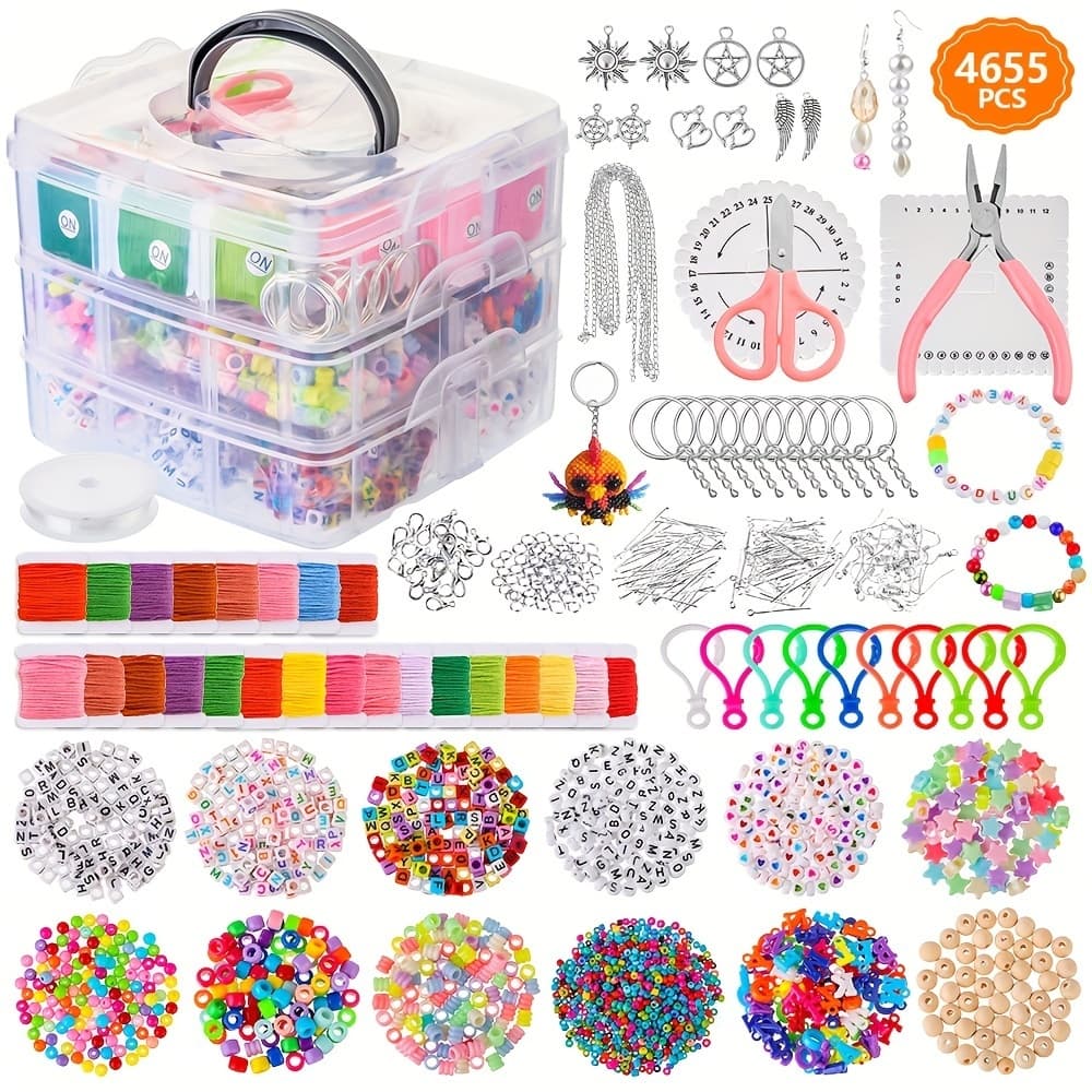 Kit Miçangas Infantil 4655 Peças + Maleta para Pulseira ,Colares e Brincos