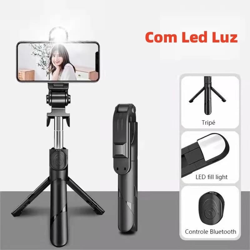 Bastão Pau de selfie Tripé Retrátil Com Luz LED Controle Bluetooth Celular