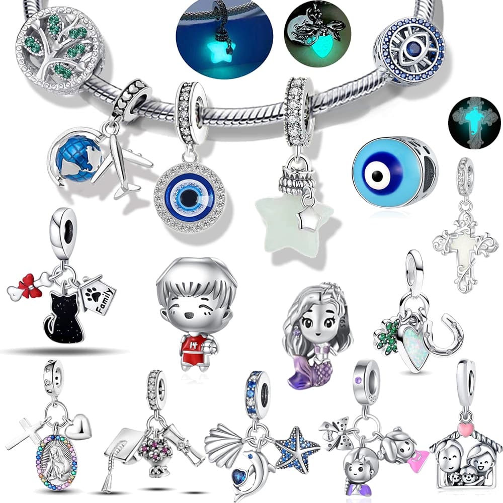 Berloques Estrelas Luminosas Cruz Encantos Charms Prata 925 EvilEye Pingente Charme Para Pulseira