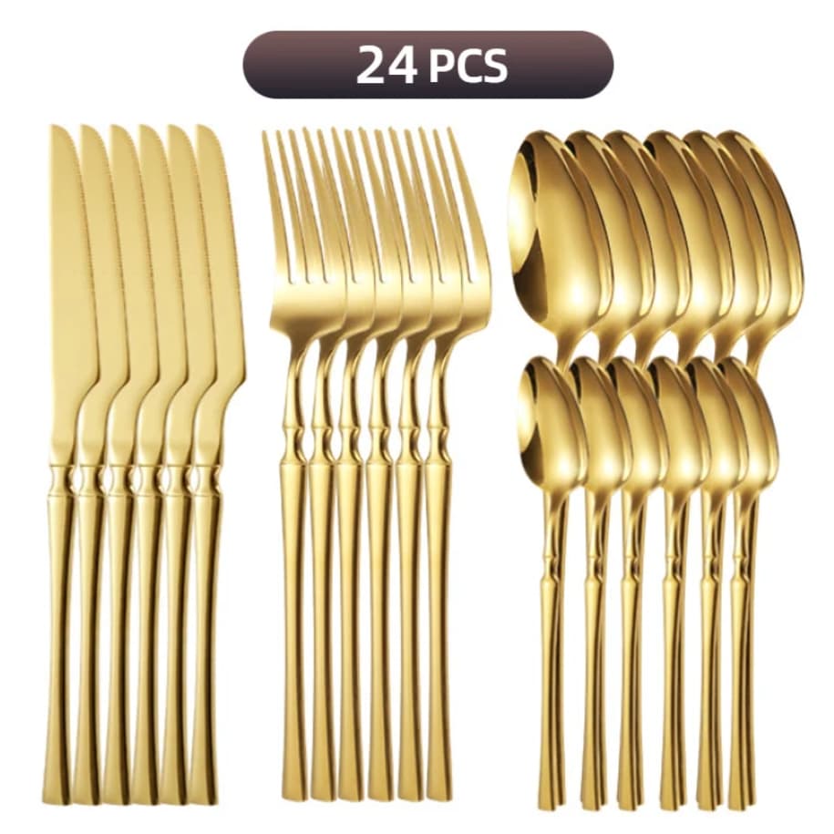 Kit 24 Peças Talheres Dourado de Aço Inox Garfo Colher Faca Colher De Mesa