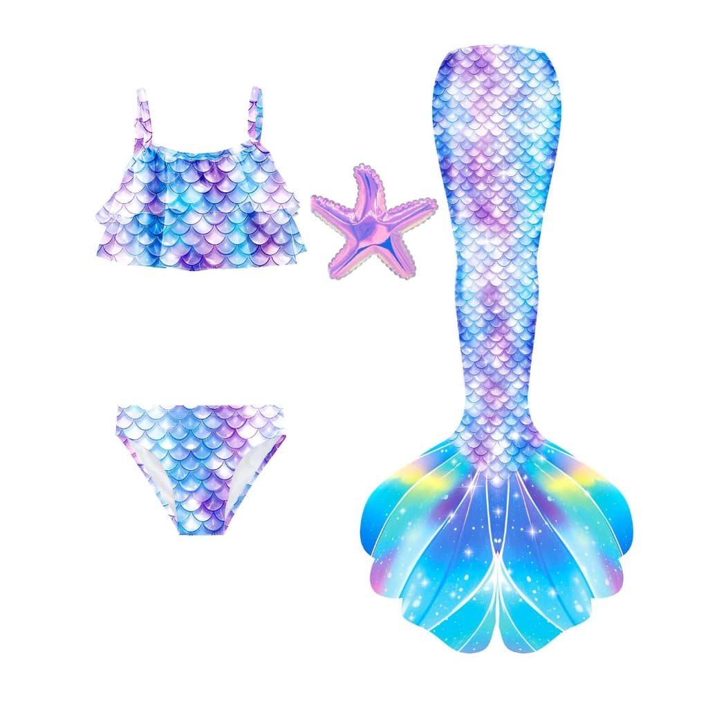 3pçs Conjunto De Biquíni Infantil Cauda De Sereia Com Guirlanda