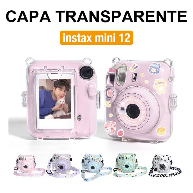 [Film Lab] Capa Capinha Transparente Instax Mini 12 Case Para Câmera Instantânea Capa Protetora Com Alça Adesivo CAA21