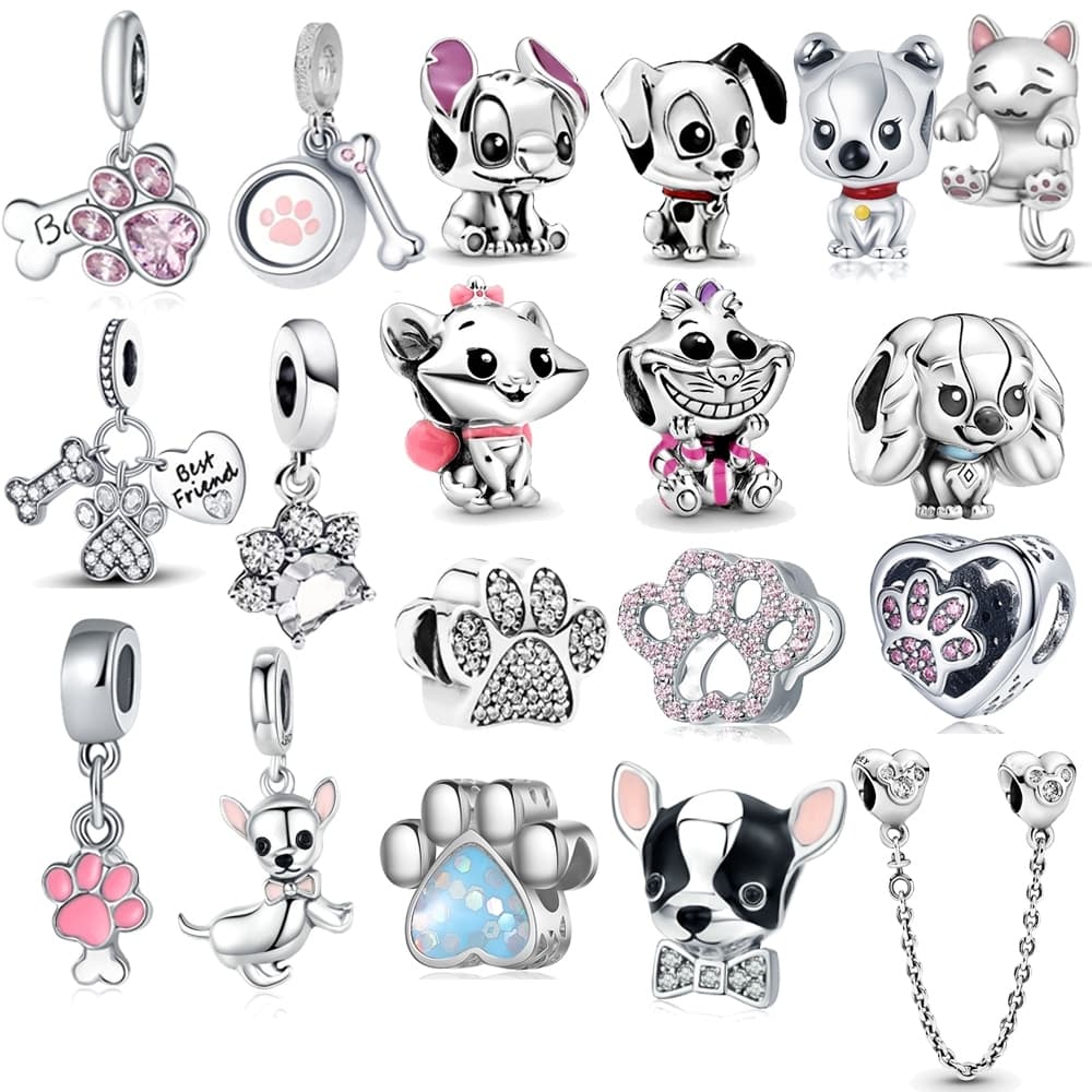 Berloques Prata 925 Encantos Rosa Bonito Cão Gato Garra Menina Jóias Pulseira Acessórios DIY