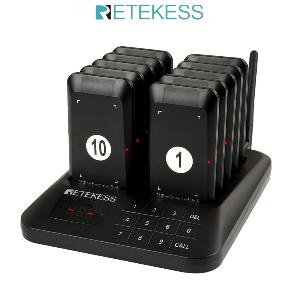 Sistema De Pager De Chamada Sem Fio Retekess TD157S 400m Com 10 Campainhas Para Cafeteria E Restaurante