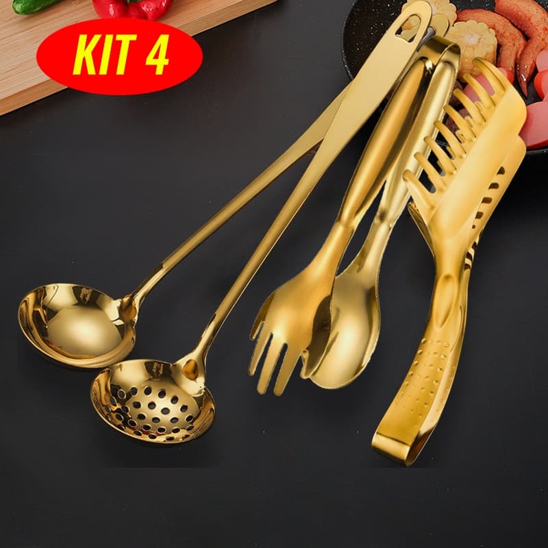 Talheres Kit 4 De Aço Inox Servindo Utensílios Pinça para pão, pinça para bife, colher de sopa Dourado Conjunto Colher