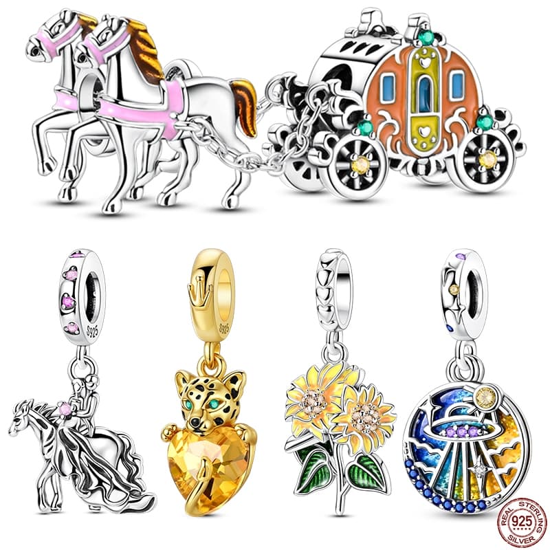 2025 Nova Venda Quente 925 Prata Esterlina Cavalo Branco Abóbora Transporte Colorido Estrela E Lua Nave Espacial Dupla C