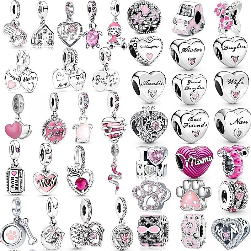 Berloque Charme Pingente Rosa Prata 925 Diamante Encantos Família Mãe Irmã Para Meninas Jóias Charms DIY