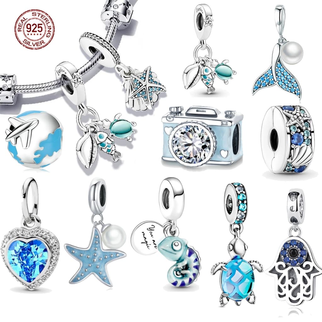 Berloque De Prata 925 Pingente Pulseira Clássicos De Amuleto Azul Charms Tartaruga Estrela Do Mar
