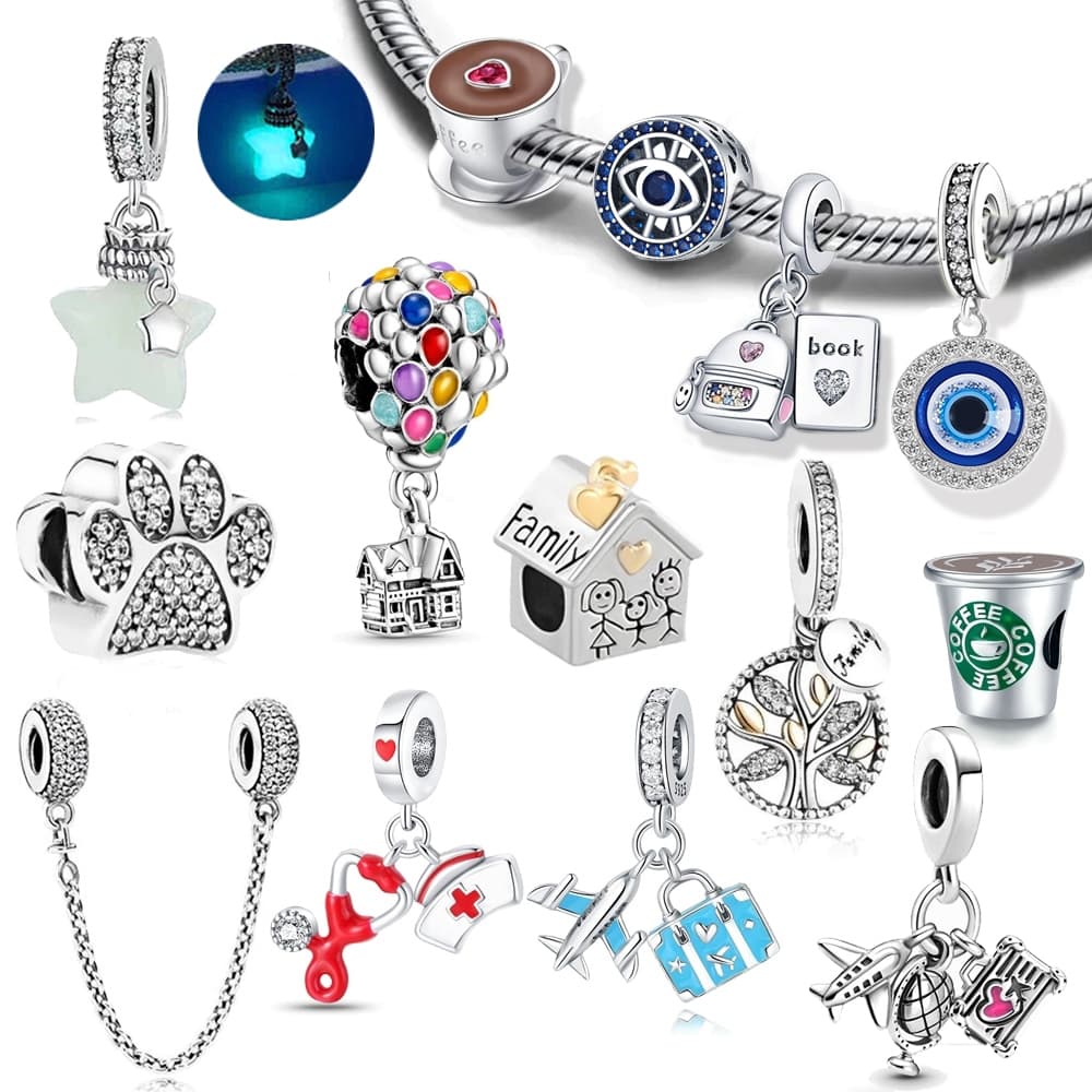 Berloque Prata 925 Jóias Cão Pendente Charme Balões Aviões Charms Café Clássico Pendente De Estrela