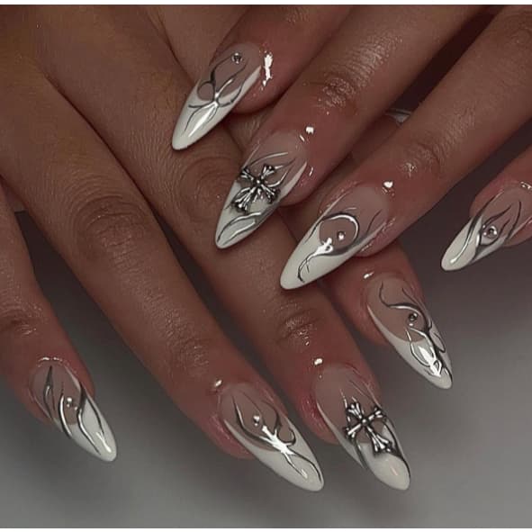 unhas postiças decoradas realista amendoada media Unhas Falsas Francesas apontado Com Cola nails Press on