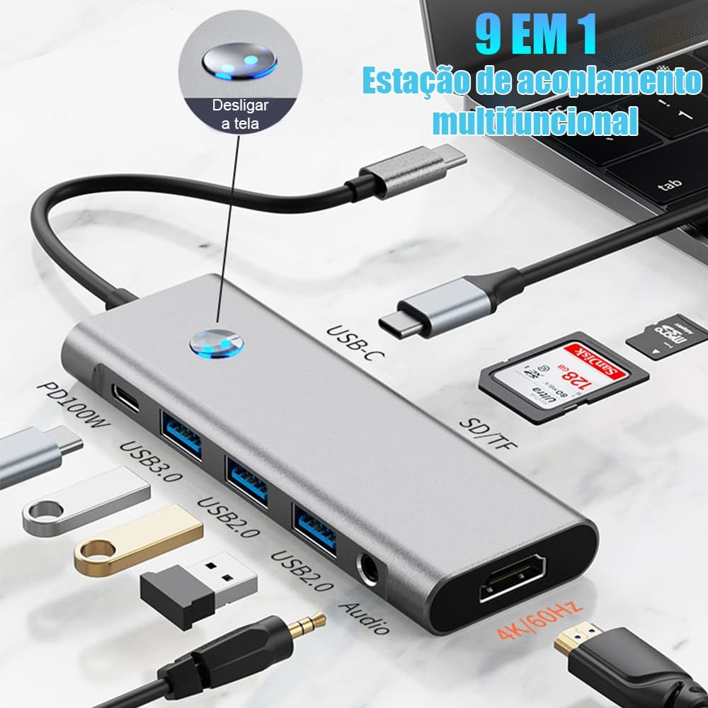 9 In 1 USB/Tipo-c Hub 100W PD 4K Compatível 3.0 Divisor Dongle Para Macbook Air Pro