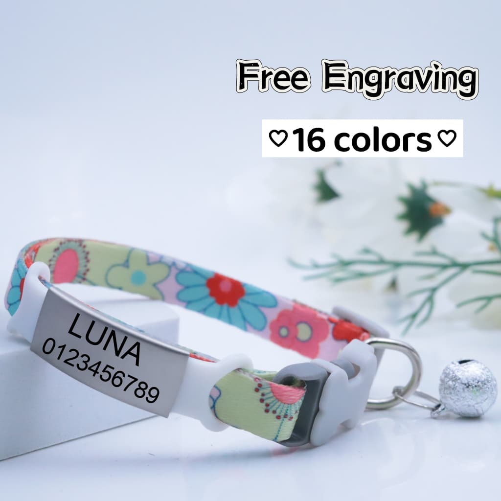 [Gravação Gratuita] 16 Cores Coleira De Identificação De Gato De Estimação Personalizada Com Sino Pata Ajustável Padrão 