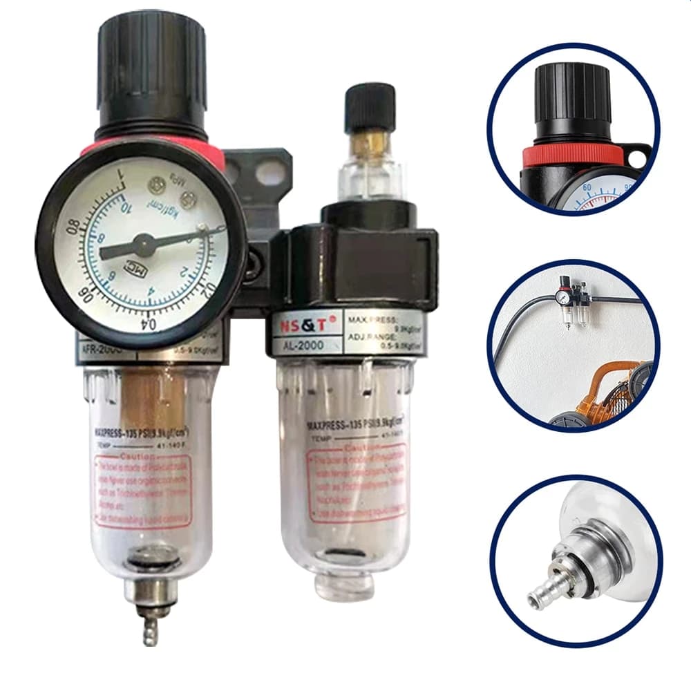 Filtro Eliminador de Água e Óleo Com Regulador de Pressão 1/4 Para Compressor De Ar