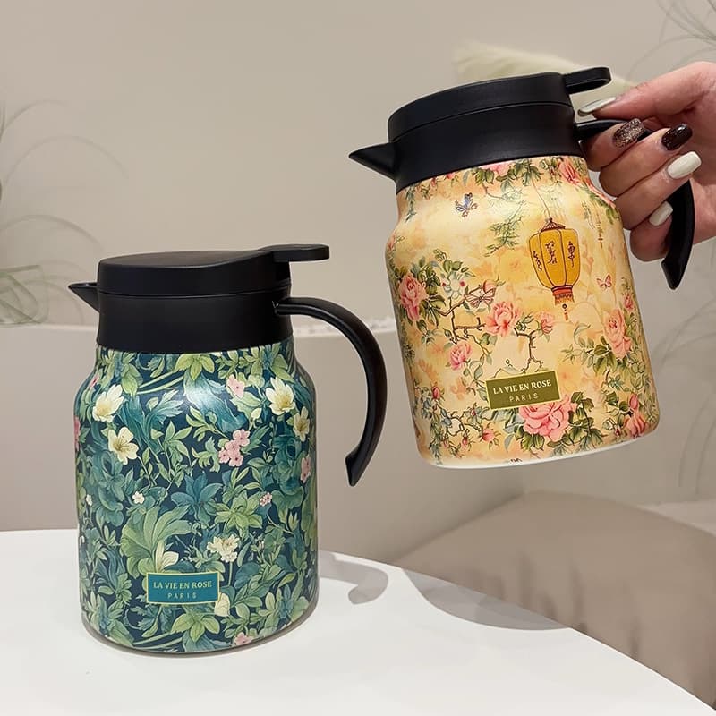 Bule de aço inoxidável, bule de isolamento duplo, design floral elegante, com filtro