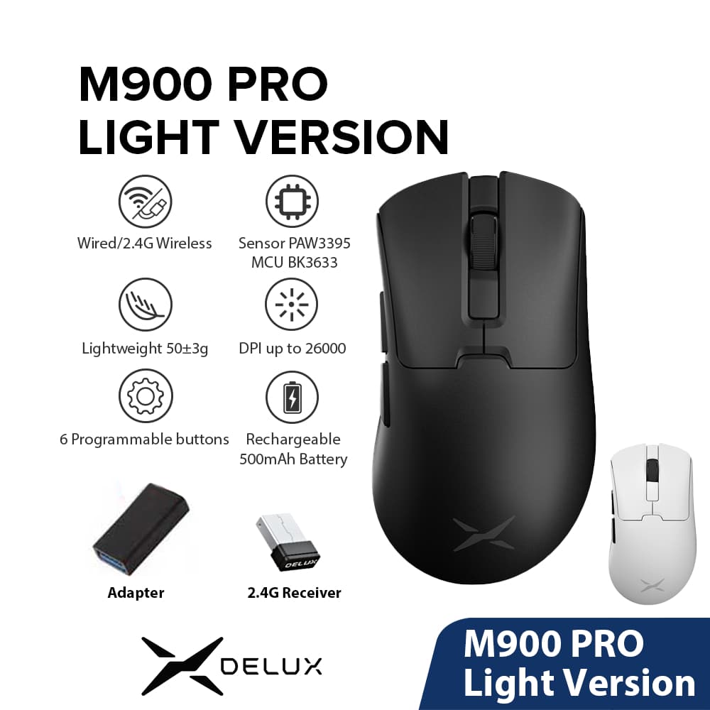 Delux M900 PRO-Light Versão Gaming Mouse PAW3395 26000DPI Com Fio 2.4G Sem Recarregável Programável 50g Leve Para PC/Lap