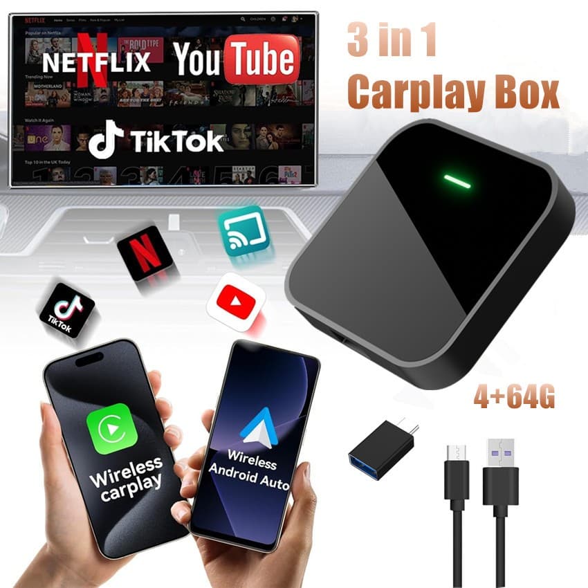 FB8 4 + 64G CarPlay Ai Box Sem Fio E Adaptador Automático Android Com Download De Aplicativo De Cartão TF Netflix/YouTub