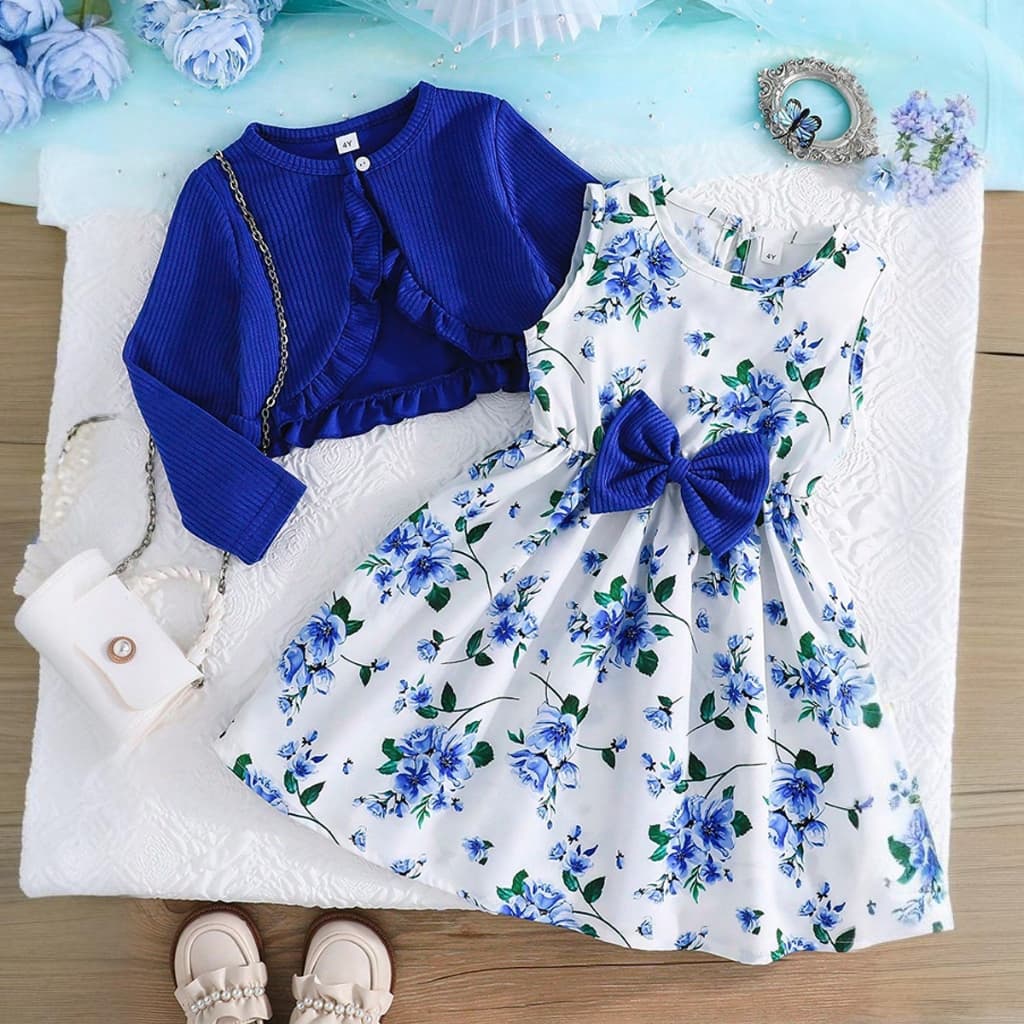 Vestido Floral 2 Peças Conjuntos De Roupas 3-8 Anos Casuais Infantisprimavera E Outono Casaco Curto De Manga Compr