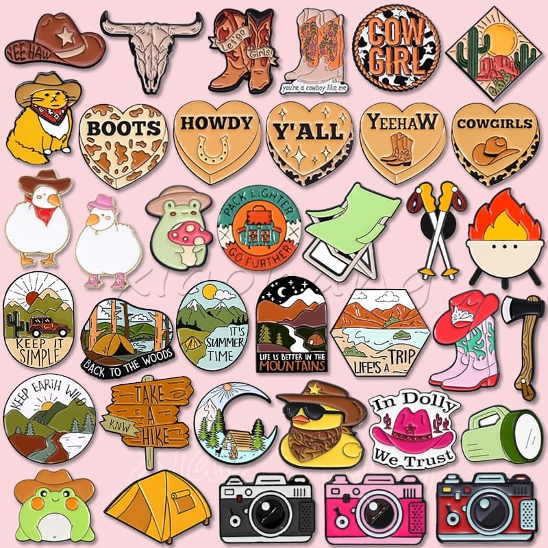 Cowboy Esmalte Pino Chapéu Botas Vaca Meninas Aventura Ao Ar Livre Pinos Acampamento Caminhadas Broche Crachá Mochila Jó