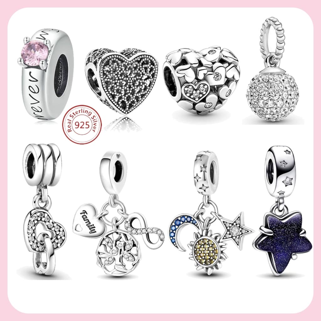 Berloque De Prata 925 Encantos Rosa Diamante Contas Coração DIY Acessórios Pulseira Charms Jóias
