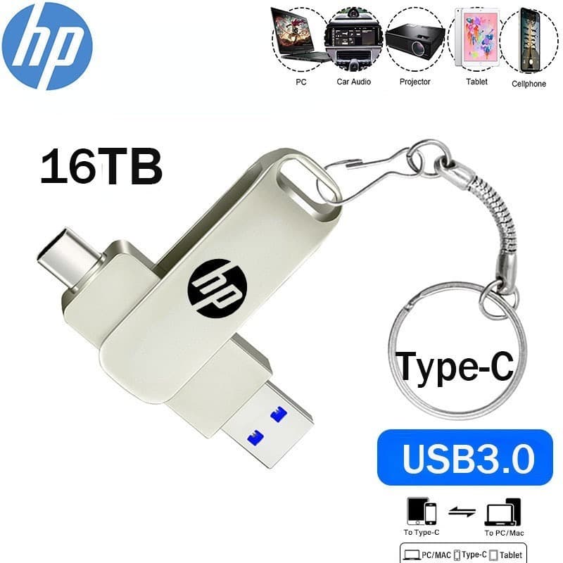 Pen Drive HP USB 3.0 otg 2 Em 1 Dual Type C Flash 1 Tb 2 4 8 16 Mental De Alta Velocidade U Disco De Memória Portátil