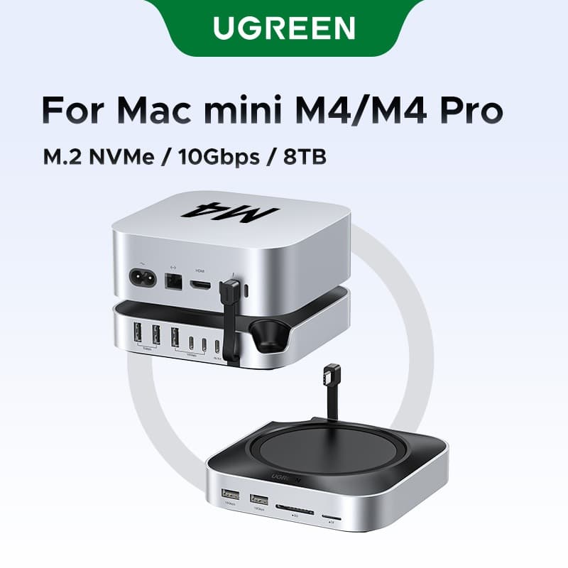 Estação De Acoplamento UGREEN USB HUB Para Mac Mini M4 M4 Pro M . 2 NVMe SSD 8 Tb Max 10 Gbps Portas-A E C SD TF 170 Mb/