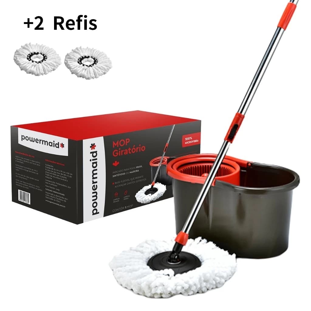 haosin mop giratório multiuso Plástico 360° com 2 Refil Rodinhas e Cesto Em cabo de 115cm
