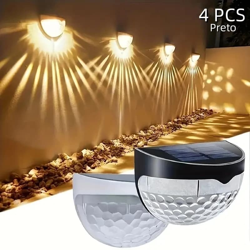 Kit 4 Arandela de Parede Energia Solar Branco Quente ou RGB Bateria Área Externa Fixa Preto
