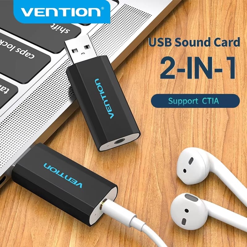 Vention Placa De Som USB 2 Em 1 Adaptador De Áudio Externo Com Estéreo Aux De 3.5mm Para Fone De Ouvido PC Laptops Deskt