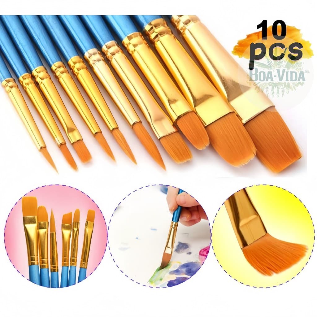 Kit com 10 Pincéis artísticos para pintura cerdas macias - Aquarela, Guache, Óleo, Acrílica