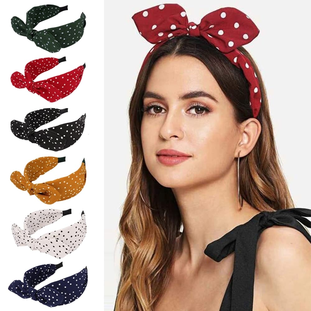 Retrô Com Estampa De Bolinhas Tiara De Cabelo Headband Knotted Arco Larga Faixa De Cabeça Moda Feminina Headwear