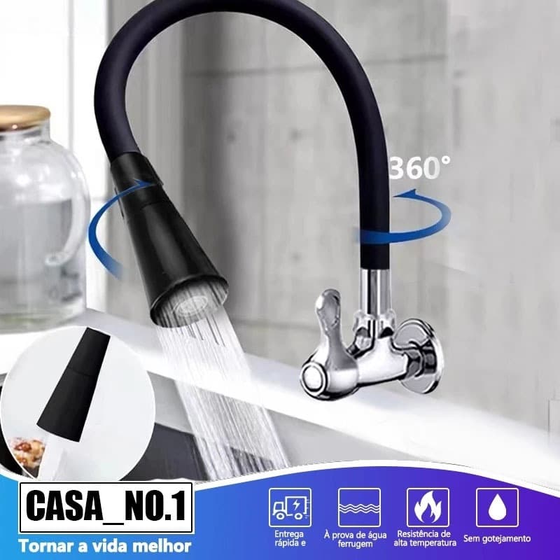 Torneira Gourmet Flexível Cozinha Parede preto Duplo Jato Cone 1/4 de Volta