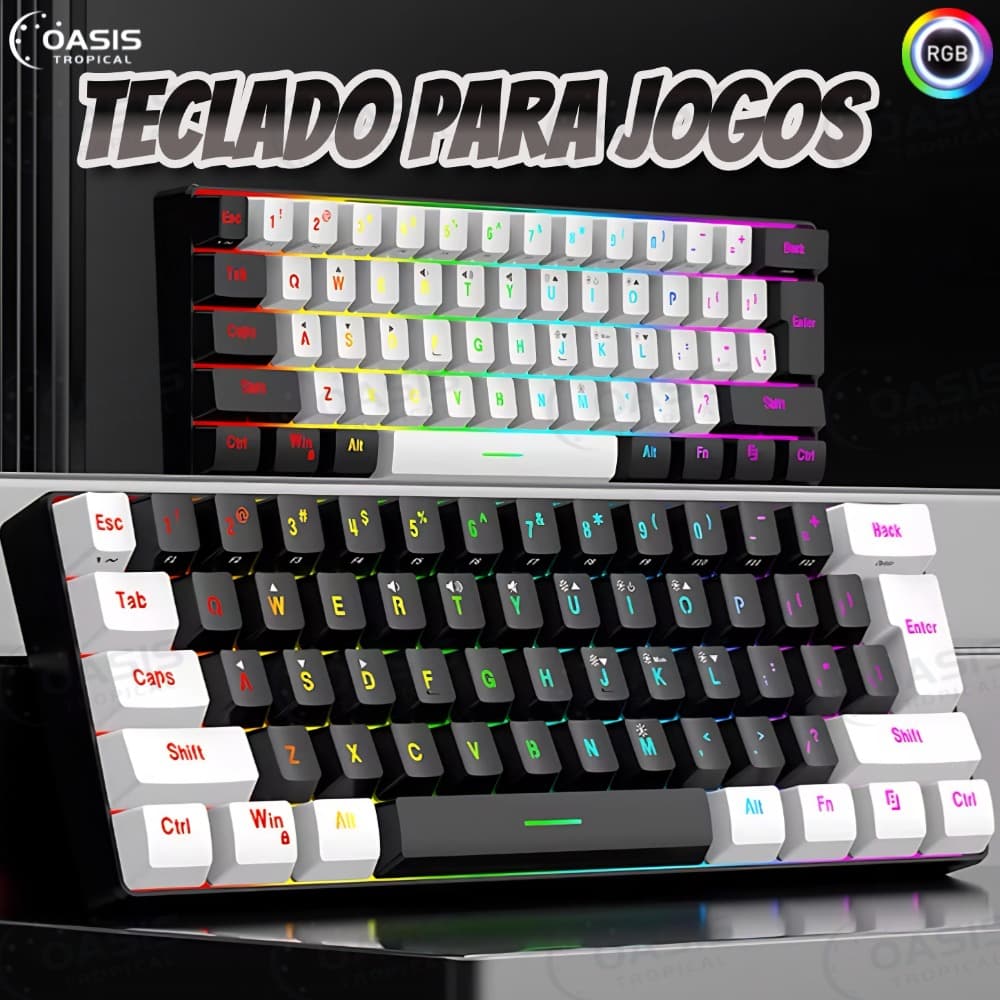 Teclado para jogos com fio 61-Key RGB Backlight Mini Compact USB-C Cabo de alimentação plugável